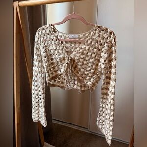 Emory Park Beige Crochet Tie-Front Crop Top